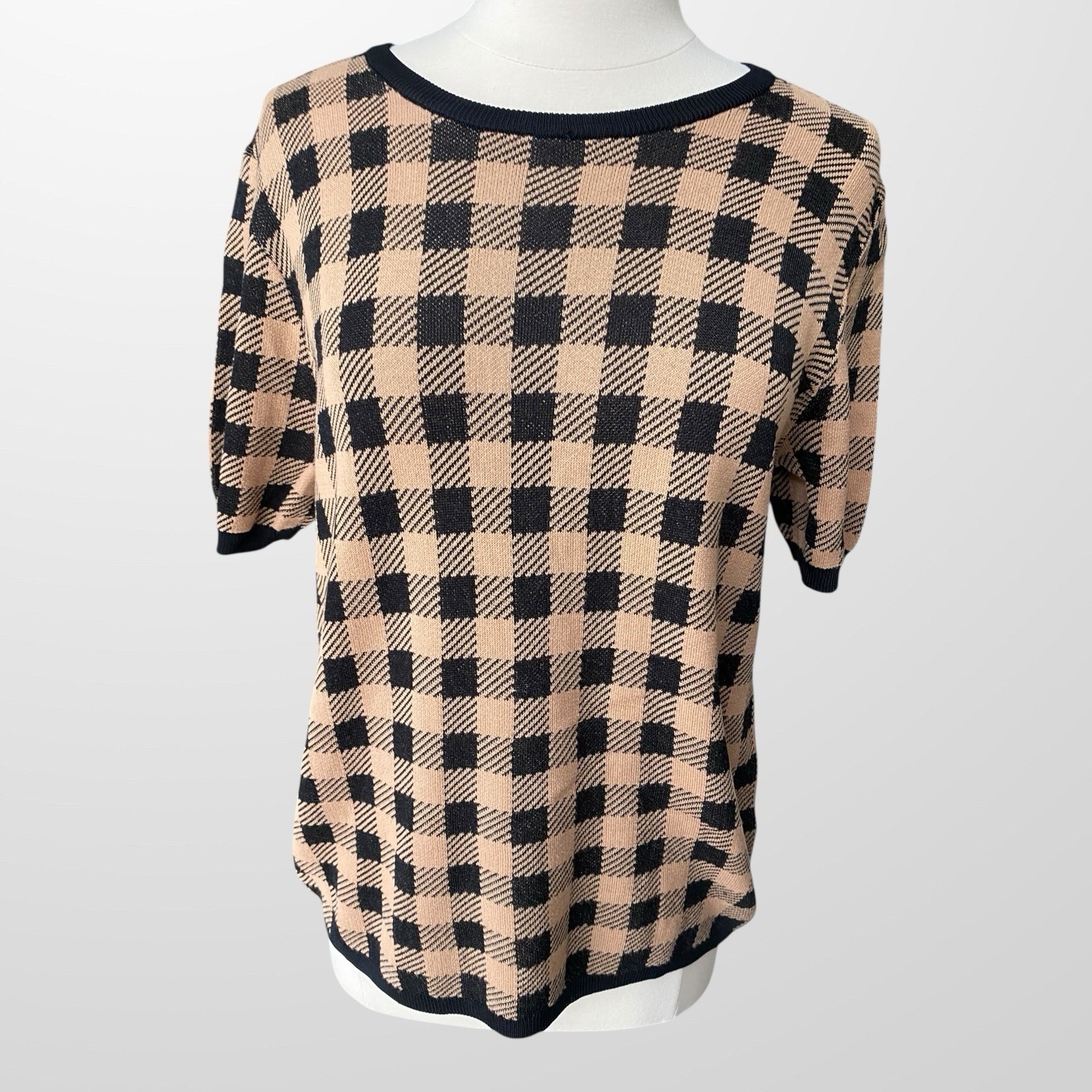 Ann Taylor Women's Size Xl Top Sweater Lightweight Short Sleeve Plaid Black Tan